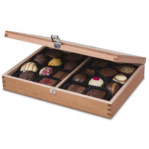 wooden box with chocolate, praline box